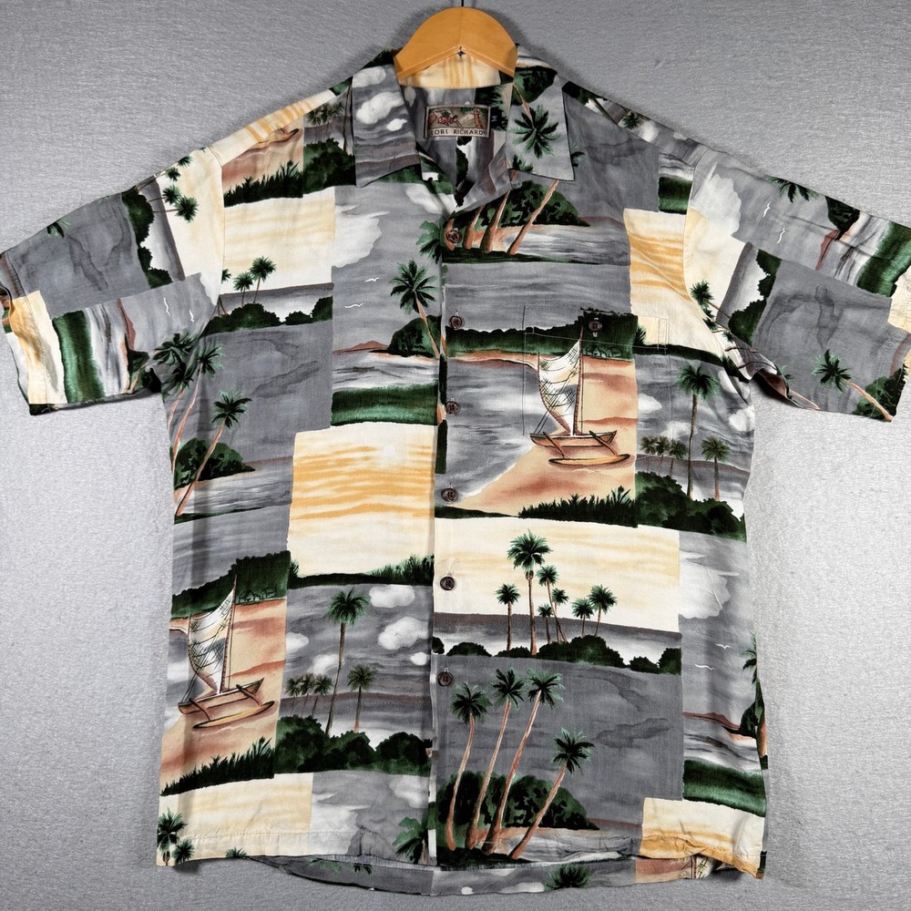 Tori Richard‎ Mens Hawaiian Shirt Medium Gray Scenic Patchwork Rayon Made in USA